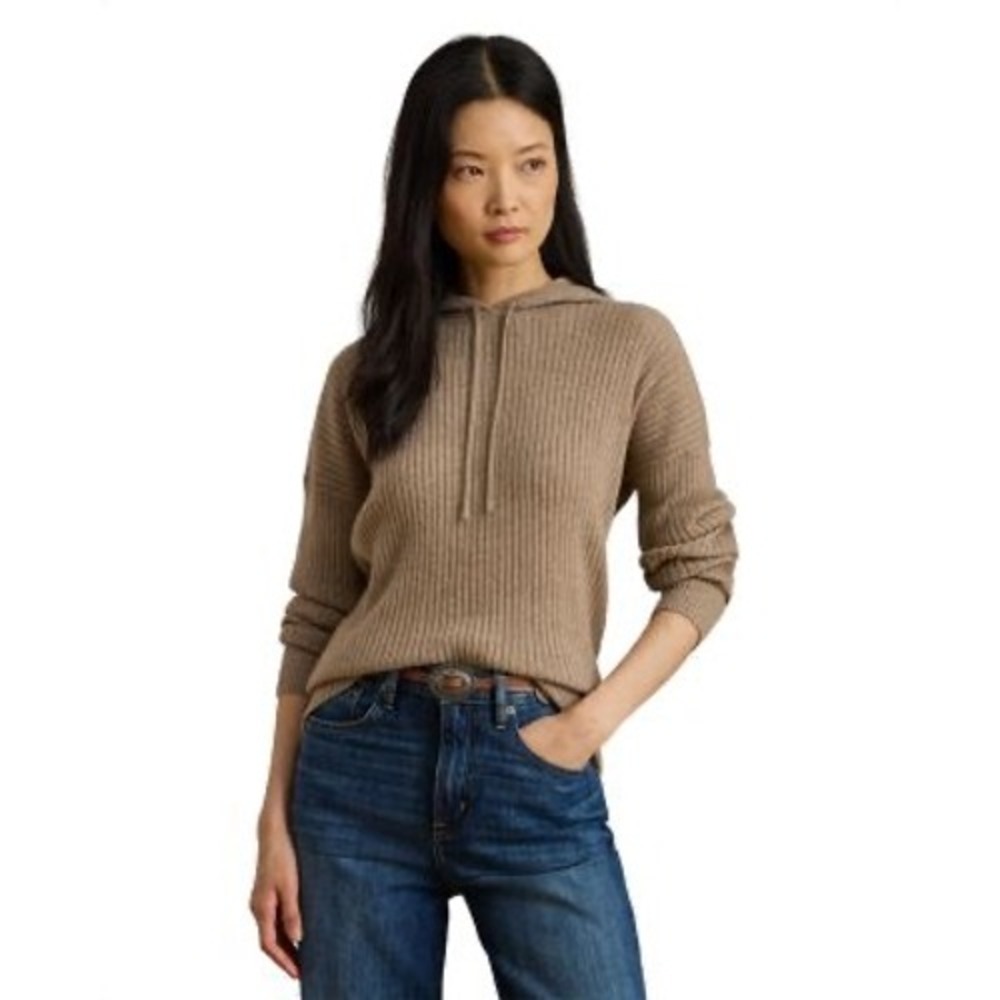 Lauren Ralph Lauren Womens Tan Waffle Knit Hooded Pullover Sweater Size M Preppy